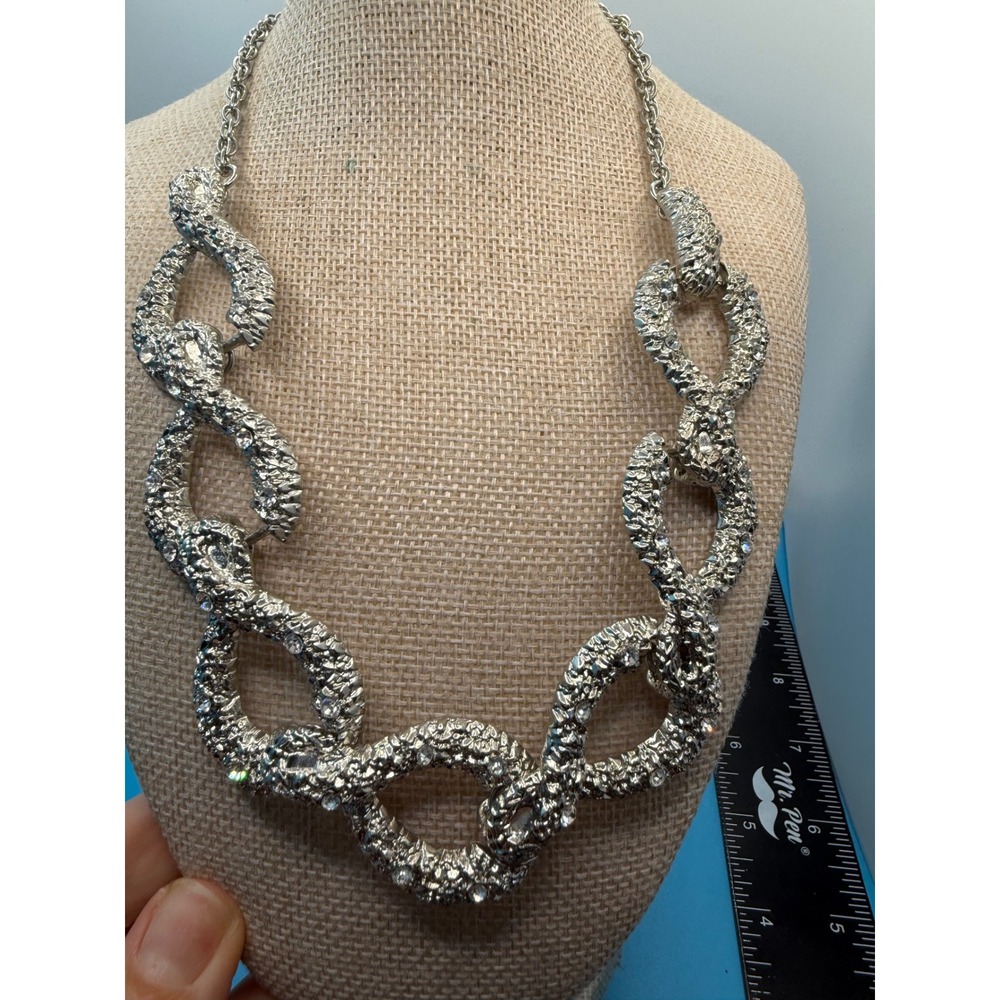 Silver Tone Chunky Link Rhinestone Statement Necklace Hammered Textured Bib
